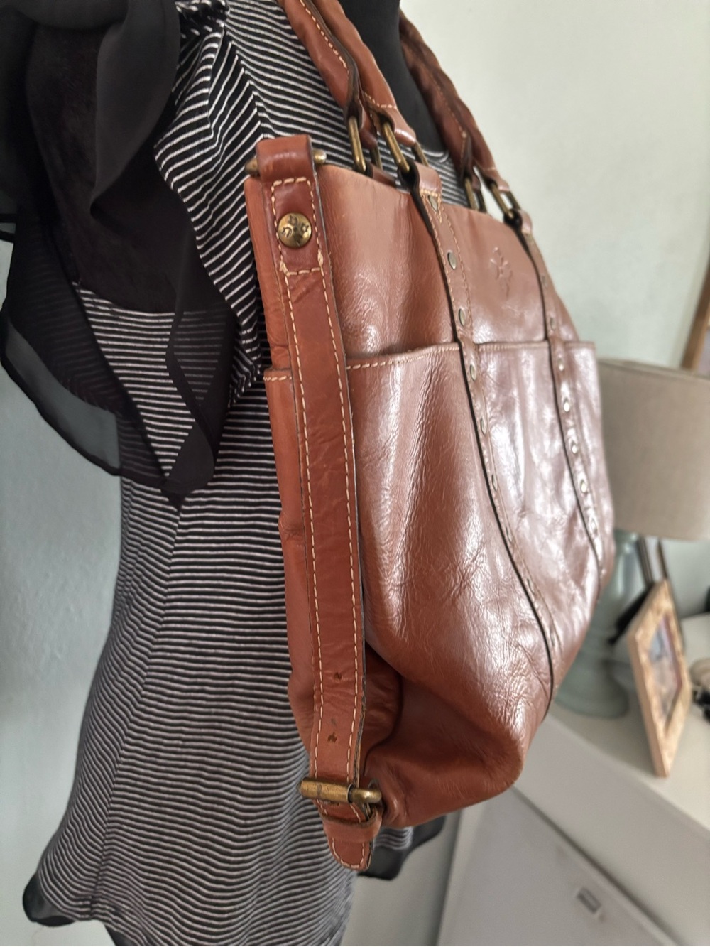 Patricia Nash Carducci Cognac Brown Studded Leather Tote - Picture 3 of 13
